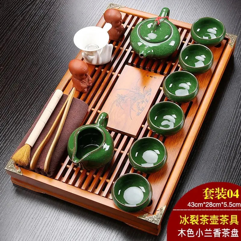 VINRITO Yixing Ceramic Kung Fu Tea Set with Solid Wood Tea Tray - 27 Pieces