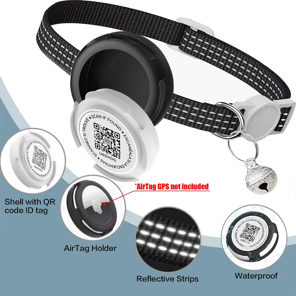 Reflective GPS Cat Collar with Airtag Case & QR ID Tag
