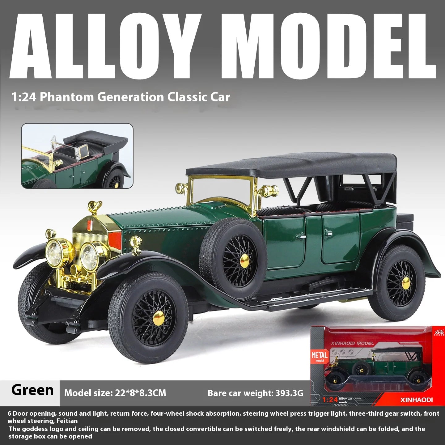 1:24 Retro Phantom Classic Car Model with Sound & Light Features