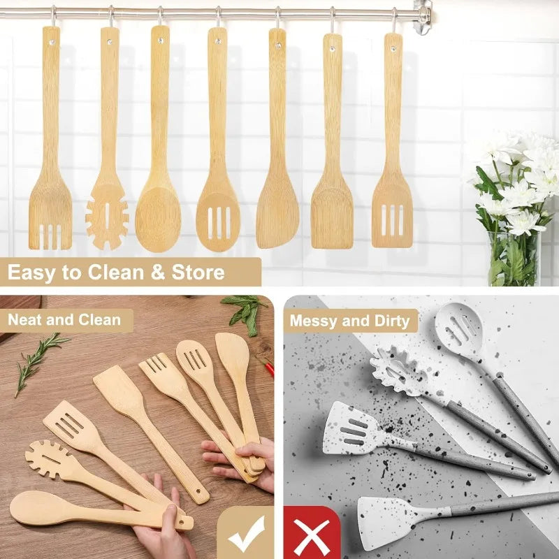Eco-friendly Bamboo Utensil Set - Non-stick Cooking Tools with Holder