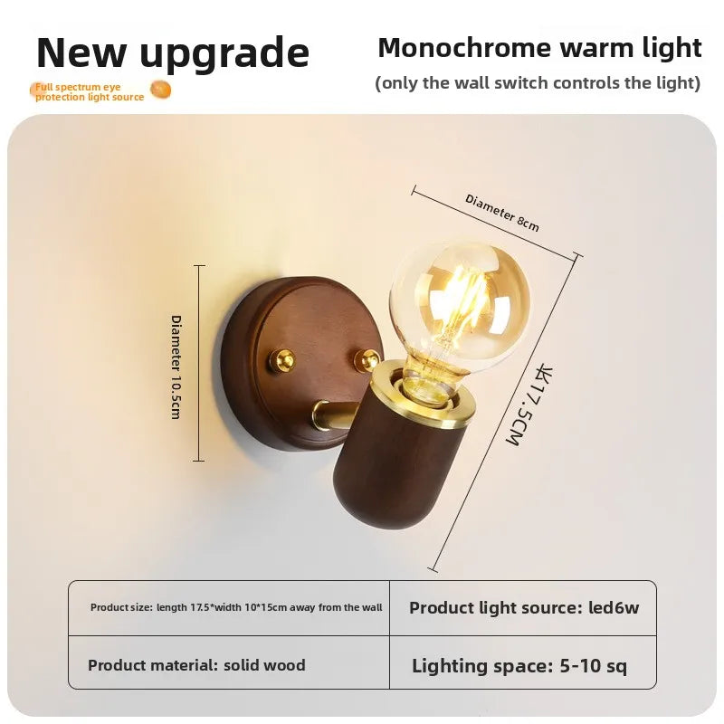 Stylish Retro Walnut LED Wall Lamp with Switch for Bedrooms & Aisles