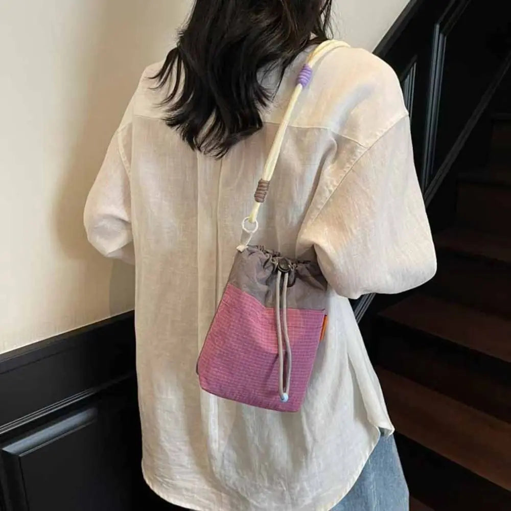 Portable Nylon Drawstring Bucket Bag with Shoulder Strap