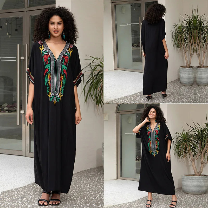 Stylish V Neck Swim Cover Up for Women - Embroidered Kaftan Dress