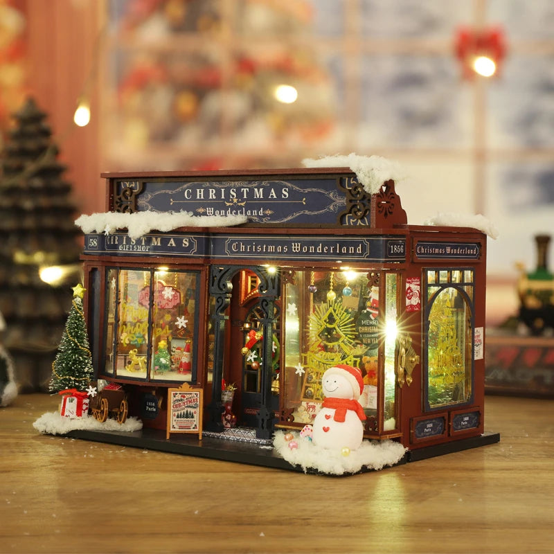 DIY Wooden Christmas Wonderland Dollhouse Kit with LED Lights