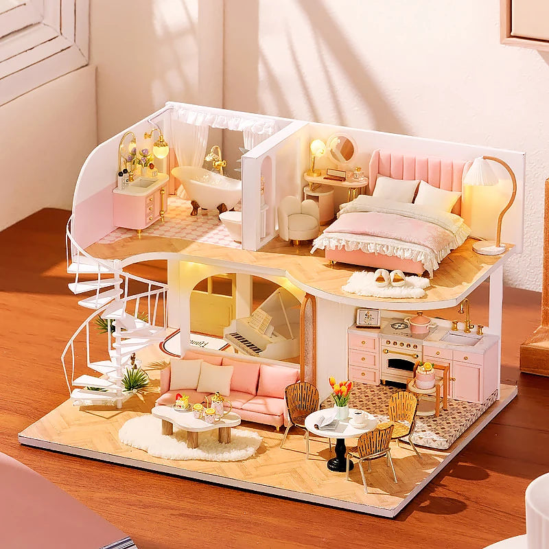 3D Wooden Mini Dollhouse Kit - DIY Duplex Apartment with Furniture