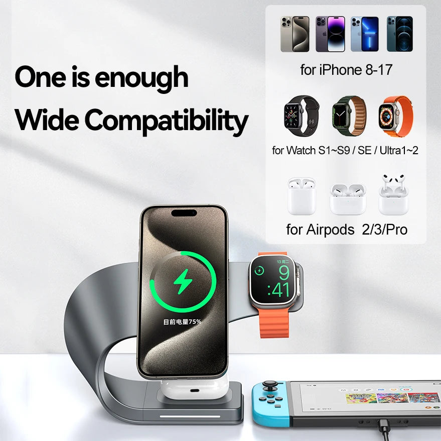 15W CrownQu 4-in-1 Wireless Charger for iPhone, AirPods & Apple Watch