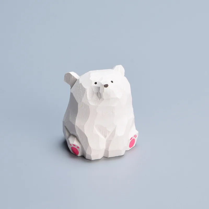 Cute Wooden Polar Bear Figurine - Miniature Hand-Carved Decor
