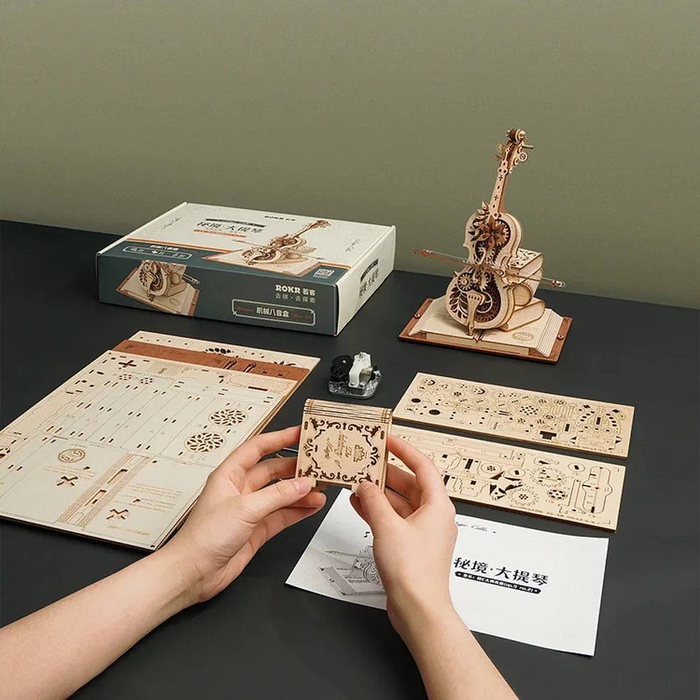 Robotime 3D Wooden Puzzle Cello Music Box - Fun & Creative Toy