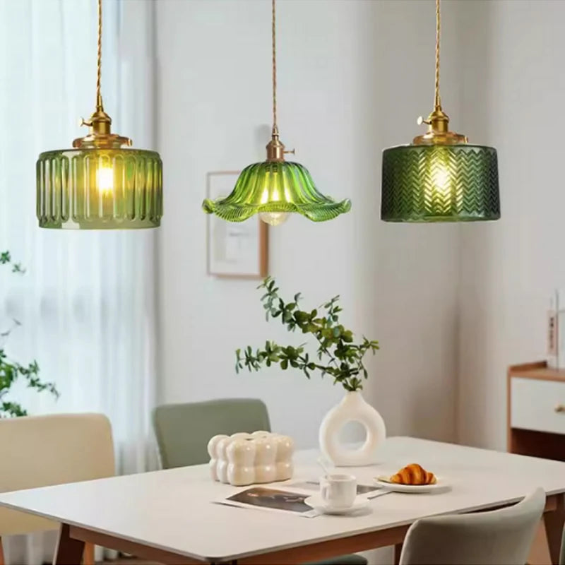 Vintage Green Glass Pendant Light - Nordic Copper Hanging Lamp