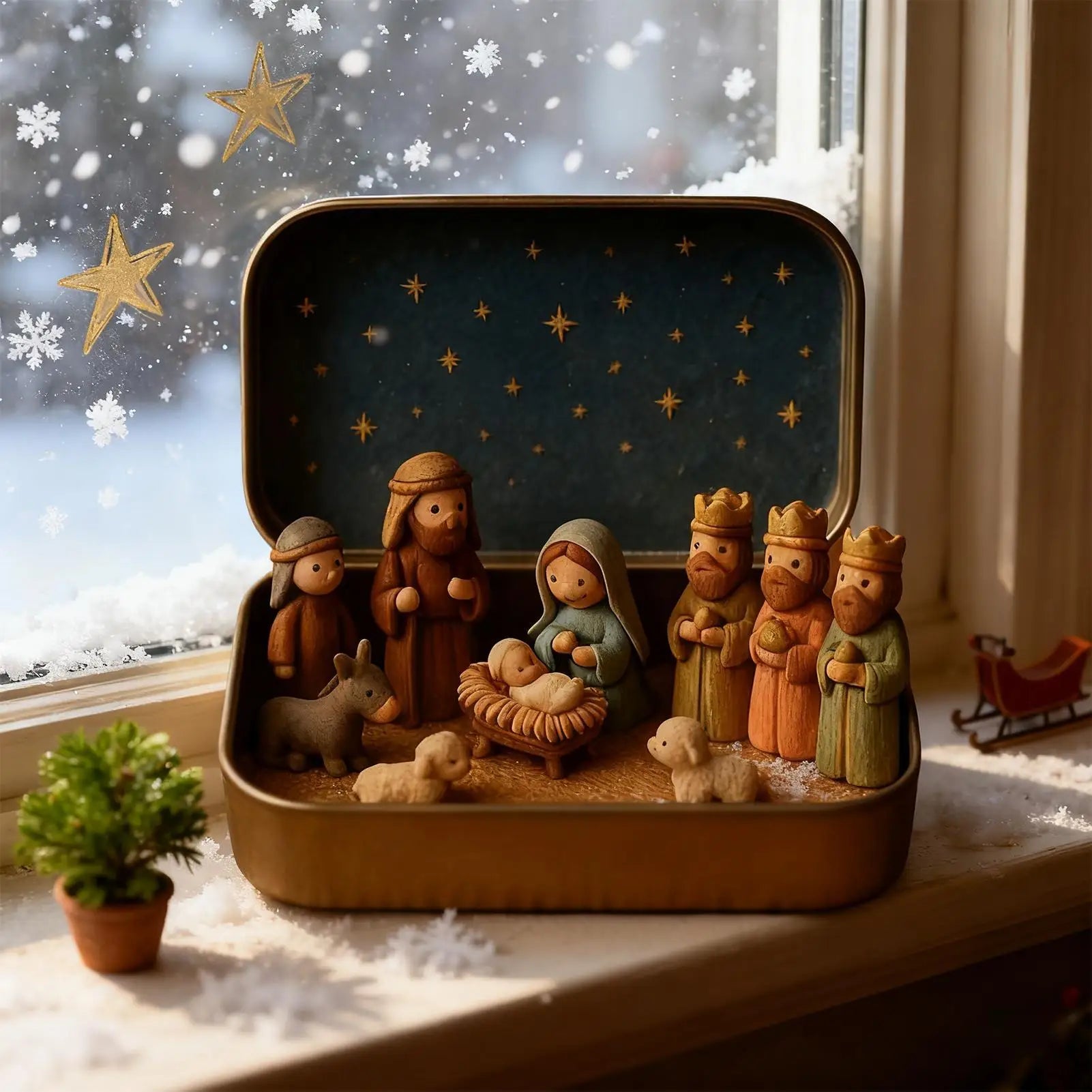 Compact Mini Nativity Set in Tin - Elegant Christmas Decor