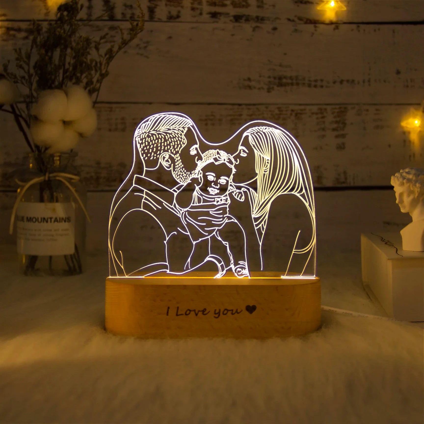 Customizable 3D Photo Lamp with Elegant Wooden Base - Personalized Gift