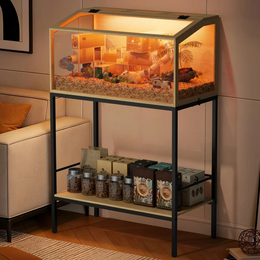 Large Elevated Wooden Hamster Cage with LED Light & Storage Shelf