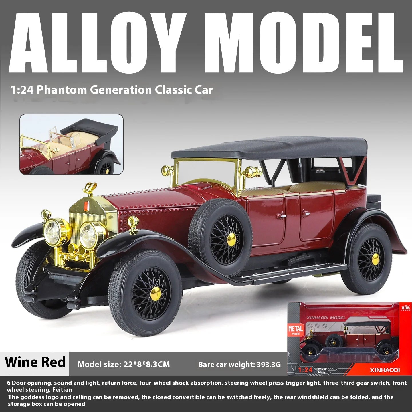 1:24 Retro Phantom Classic Car Model with Sound & Light Features