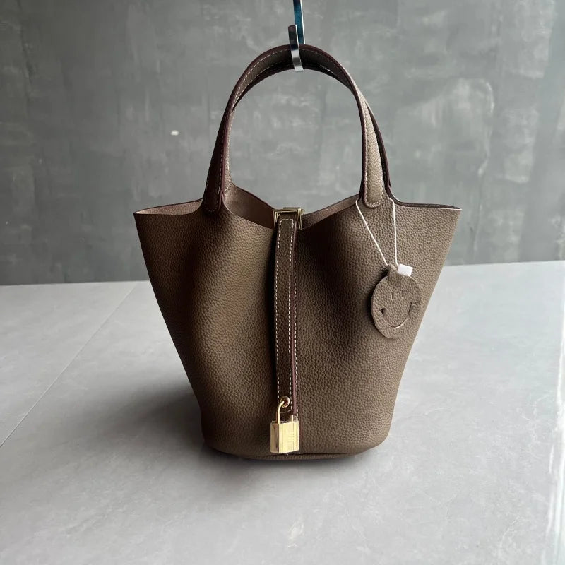 Elegant Premium Cowhide Leather Handheld Basket Bag for Women