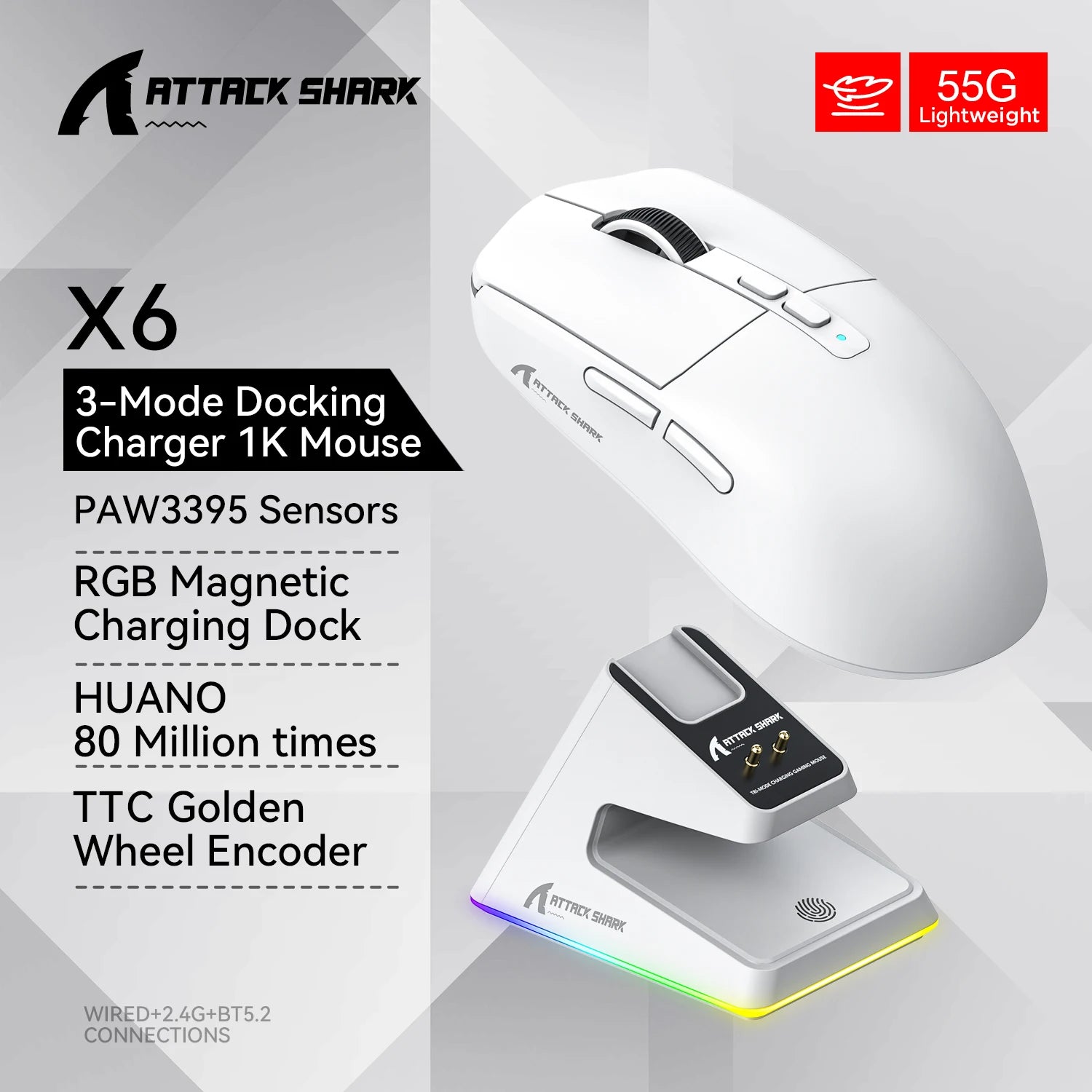 Attack Shark X6 RGB Wireless Gaming Mouse - 26000 DPI, Tri-Mode Connectivity