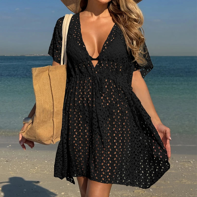 Elegant Deep V Neck Long Sleeve Beach Cover-Up Dress