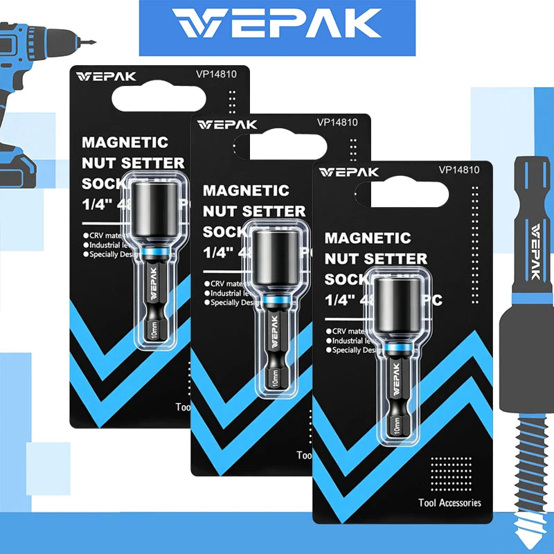 VEPAK Magnetic Hex Nut Drivers – 6/8/10mm High Torque Socket Set