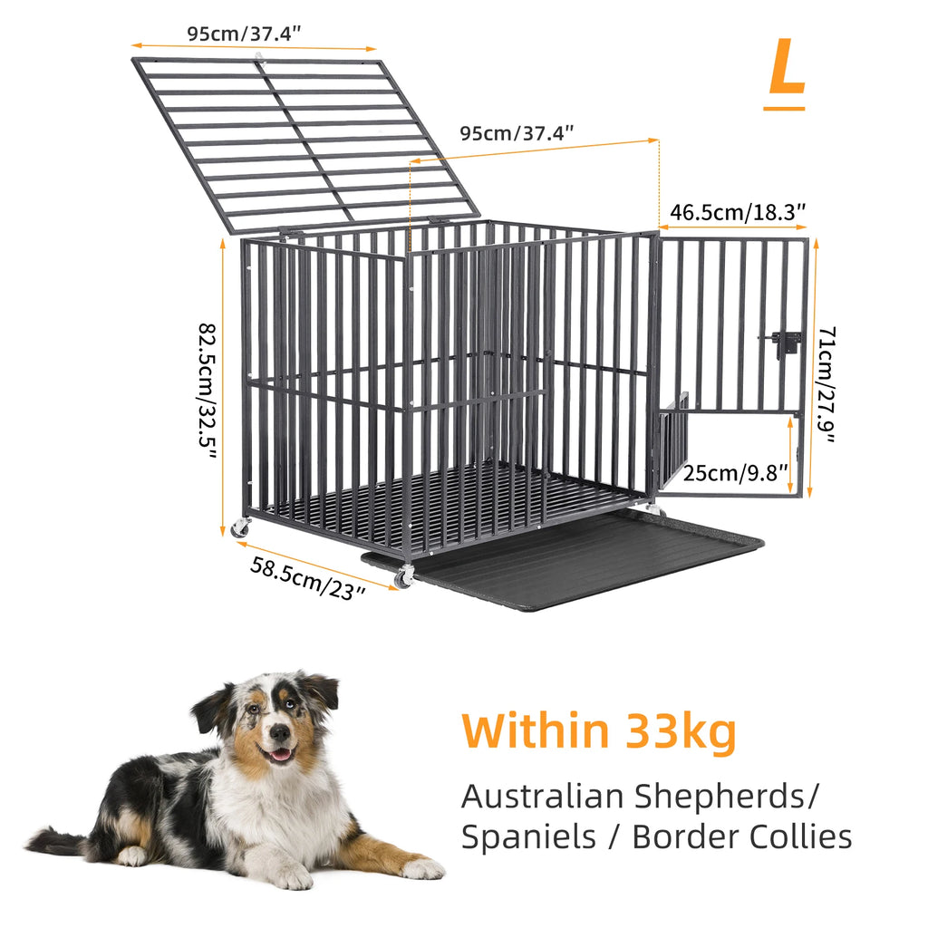 Heavy Duty Dog Crate with Lockable Wheels & Easy Clean Tray