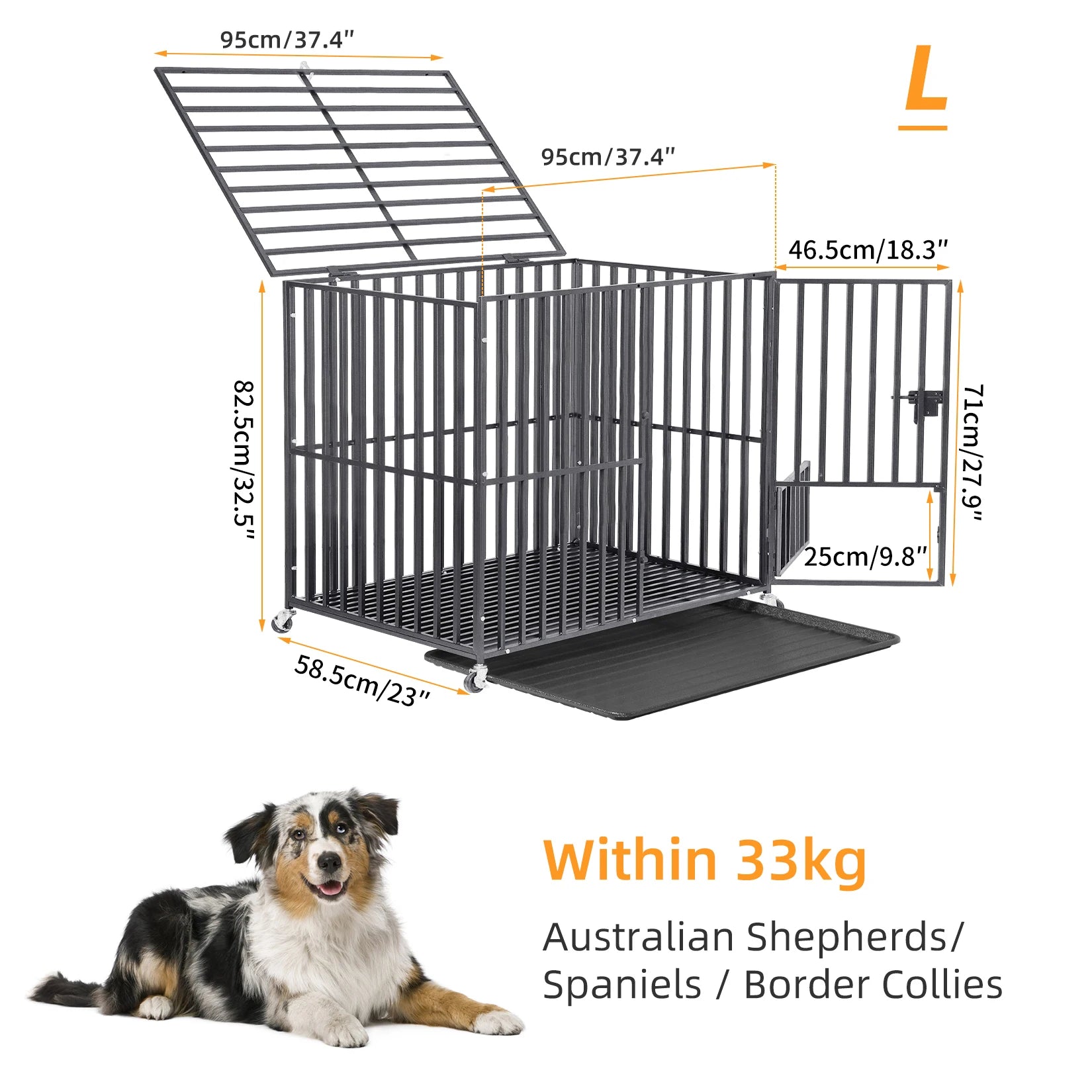 Heavy Duty Dog Crate with Lockable Wheels & Easy Clean Tray
