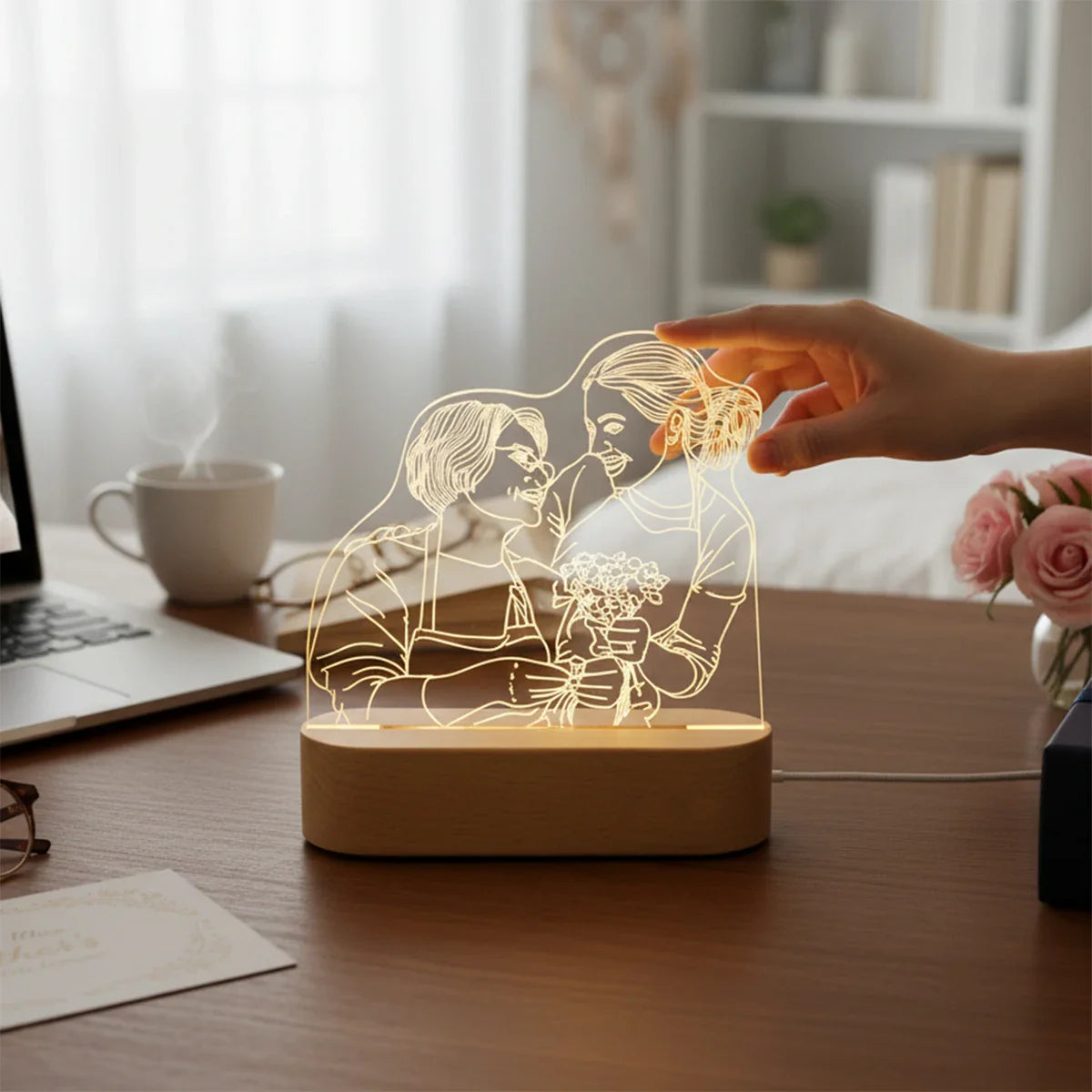 Customizable 3D Photo Lamp with Elegant Wooden Base - Personalized Gift
