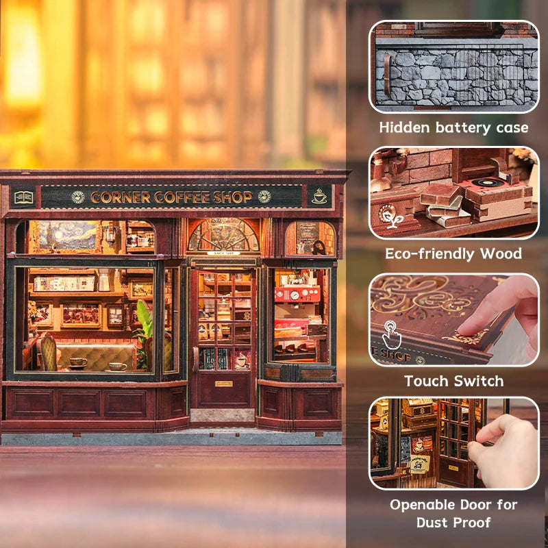 CUTEBEE DIY Book Nook Kit with LED Light - Charming Miniature Coffee Shop