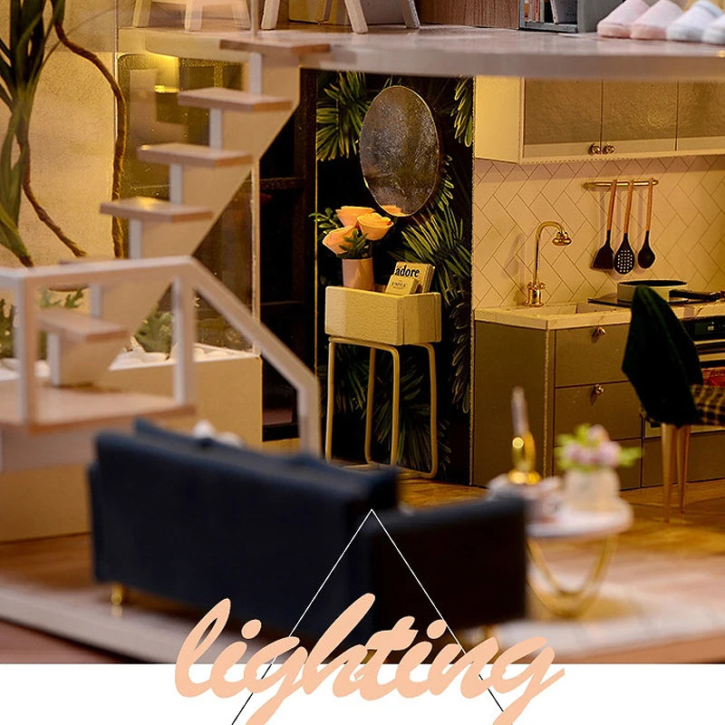 3D Wooden Mini Dollhouse Kit - DIY Duplex Apartment with Furniture
