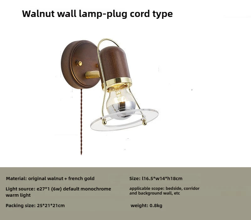 Antique Retro Walnut LED Glass Wall Lamp - Creative Bedroom Light