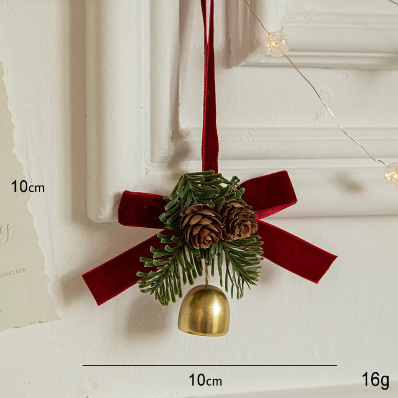 Festive Christmas Jingle Bells Door Hanger with Velvet Bow & Pine Cones