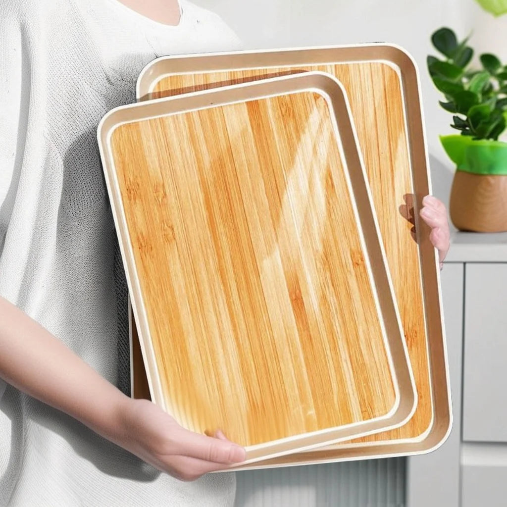 Eco-Friendly Wood Grain Plastic Serving Tray | Multi-Functional Organizer