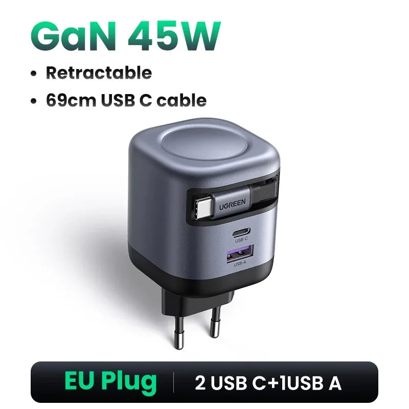 UGREEN 100W GaN Fast Charger with Retractable Cable for All Devices