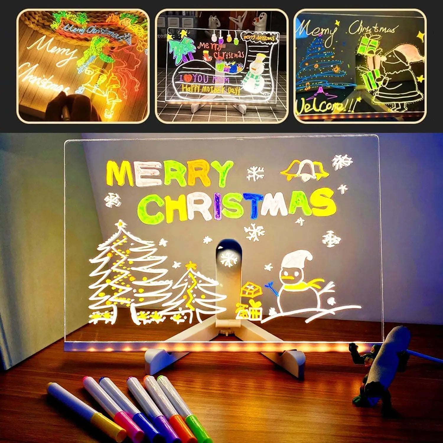 Colorful LED Note Board with Night Light & 7 Pens - DIY Kids Drawing