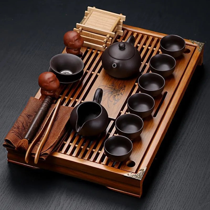 VINRITO Yixing Ceramic Kung Fu Tea Set with Solid Wood Tea Tray - 27 Pieces