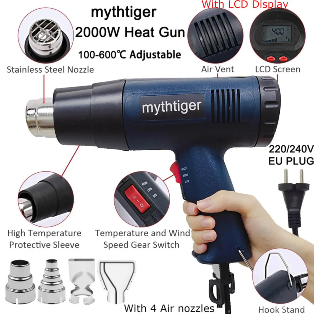 2000W Digital LCD Heat Gun - Industrial Hot Air Gun for DIY & Crafts