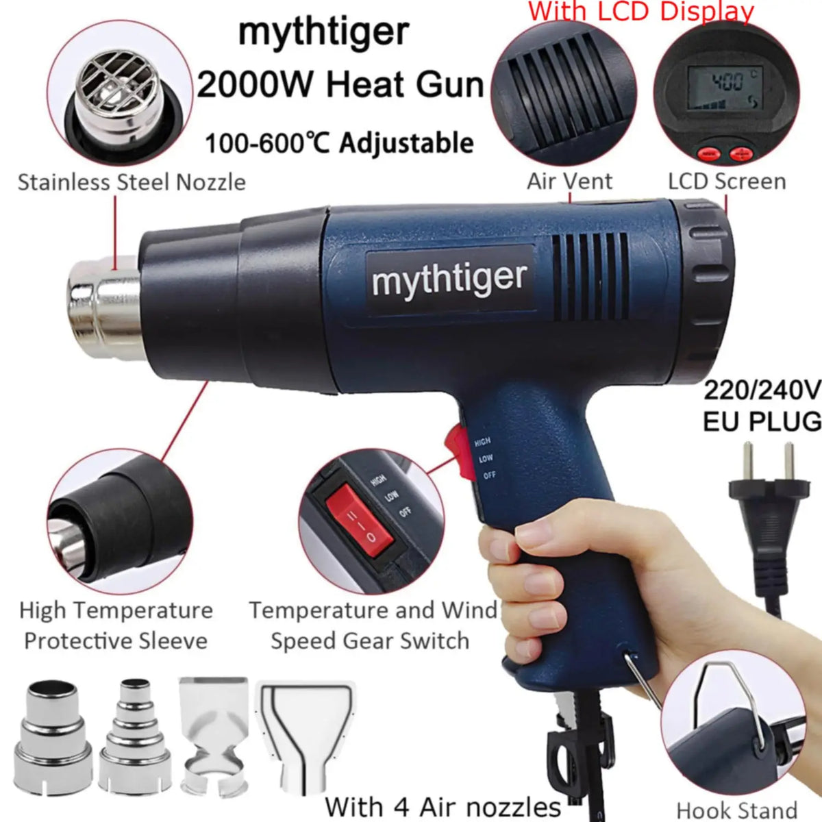 2000W Digital LCD Heat Gun - Industrial Hot Air Gun for DIY & Crafts