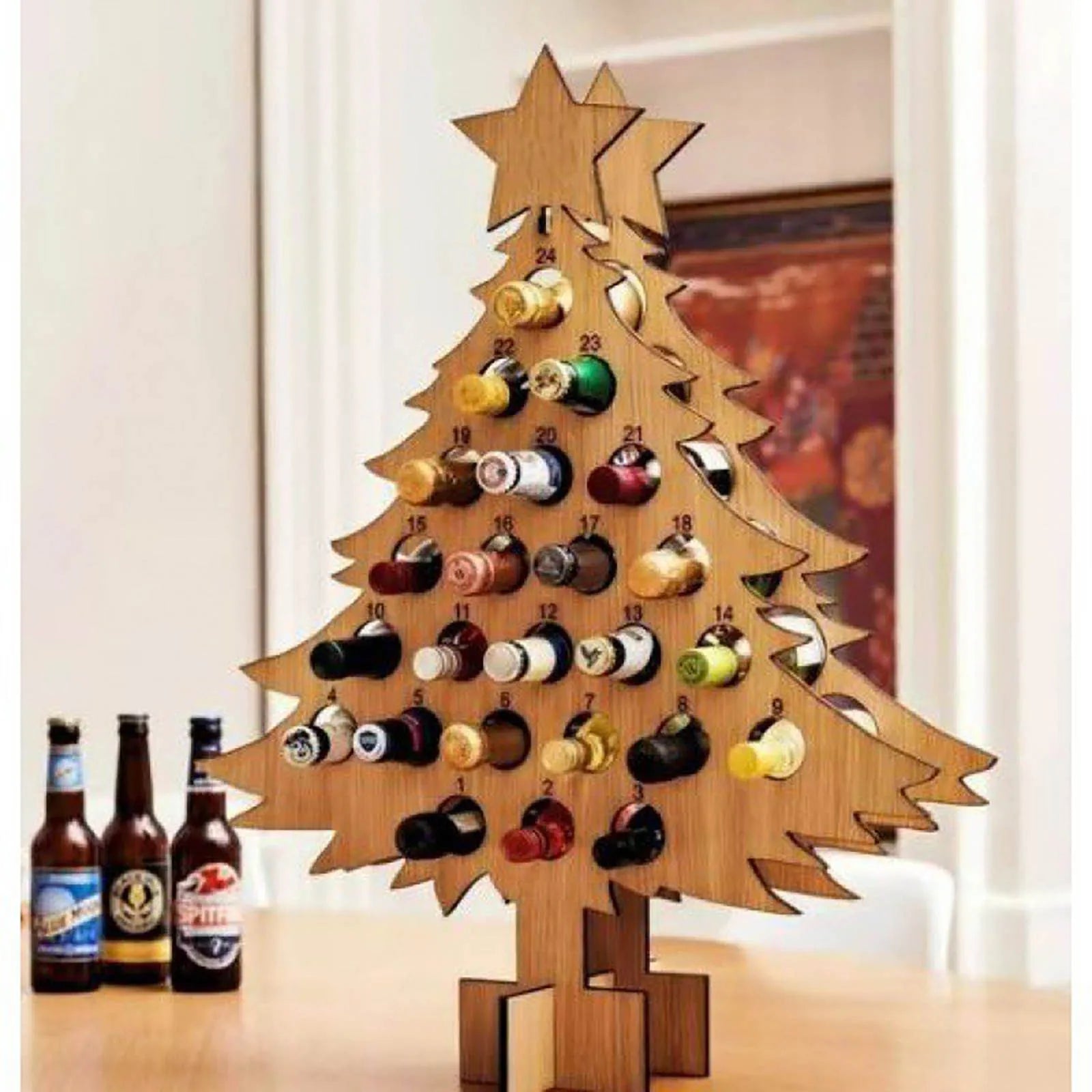 Wooden Christmas Tree Wine Bottle Holder Advent Calendar - Festive Decor