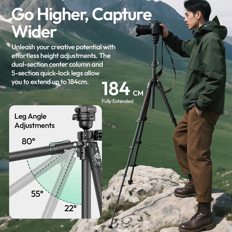 Ulanzi JJ05 GlideGo Travel Tripod - Carbon Fiber, Low-Angle Shots