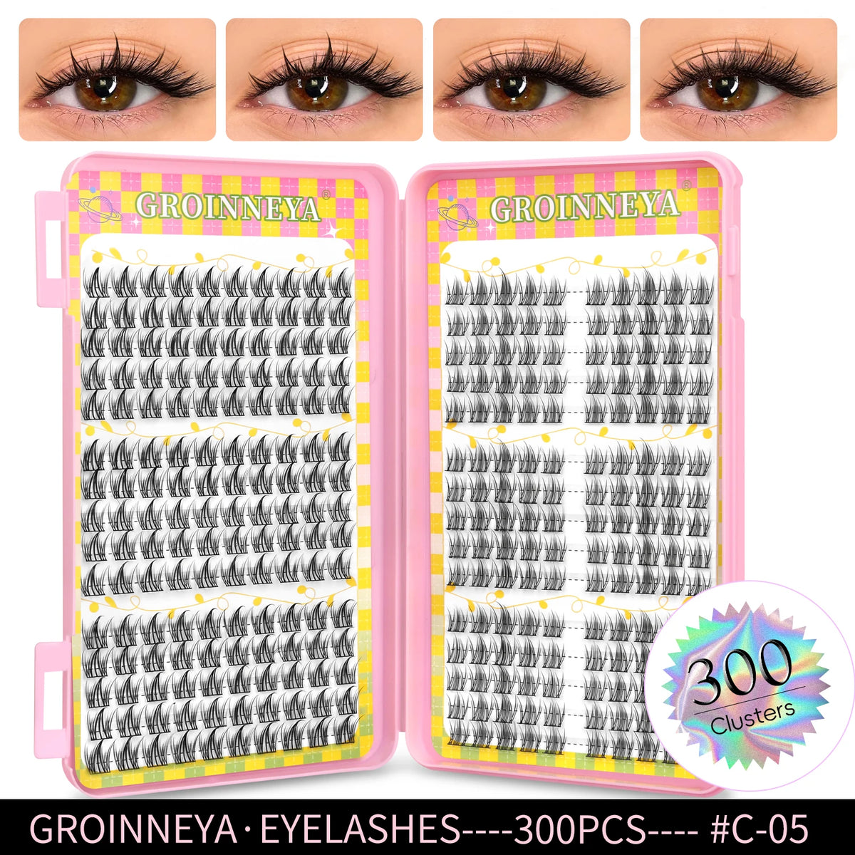 GROINNEYA Natural Cluster Lashes - 320 Pcs Volume Mixed Tray
