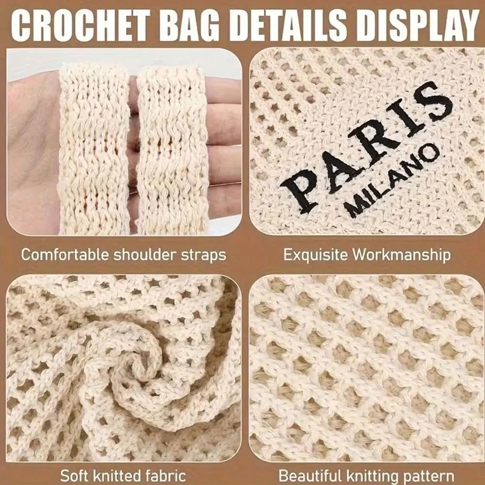 1 Piece Women's Knitted Woven Tote Bag - Paris Lettered Open Shoulder Bag, Breathable Beach & Travel Bag, Washable Fabric, Casual Shopping Accessory, Durable Woven Design, Exclusive for Fashion Enthusiasts