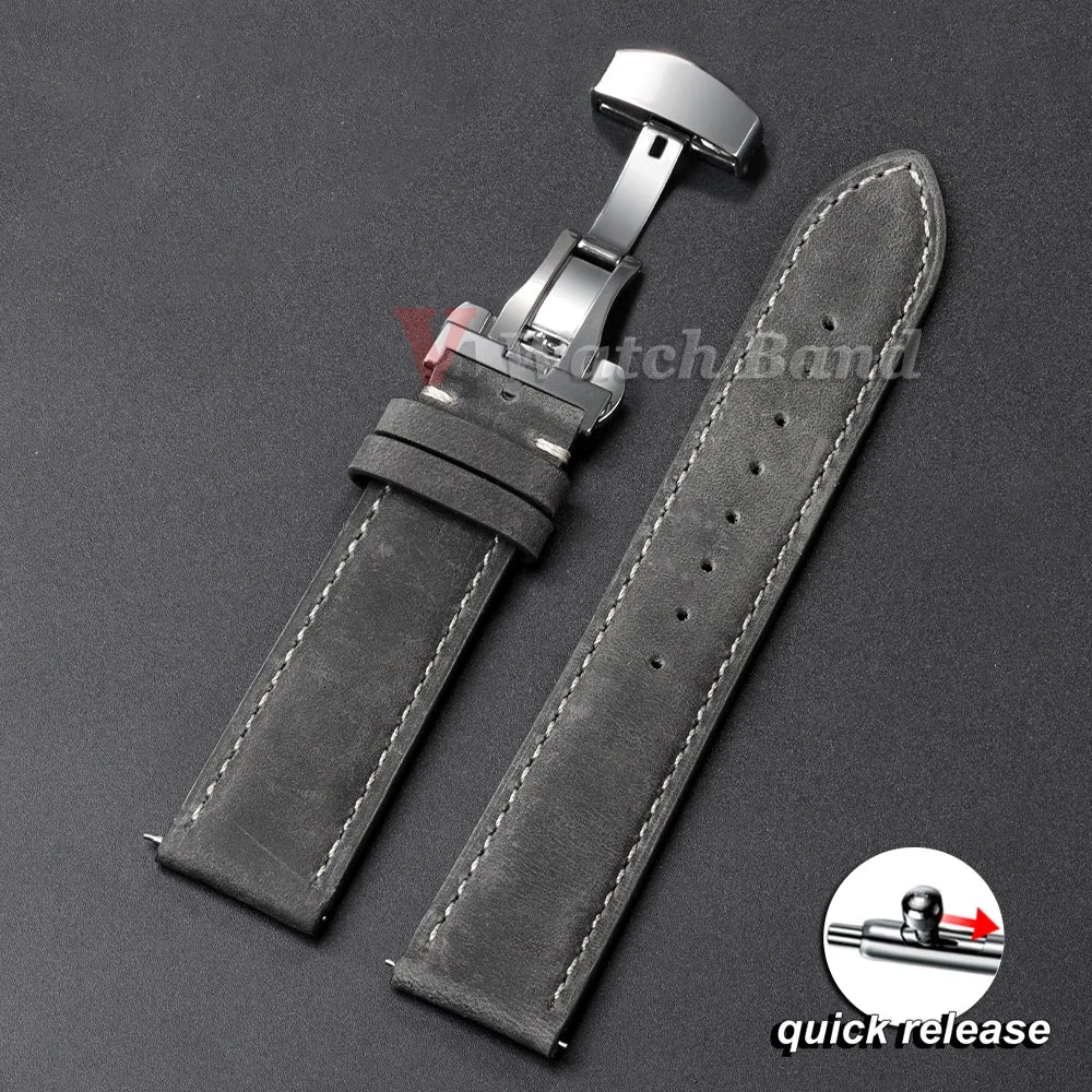Genuine Leather Watch Band with Butterfly Buckle - 18/20/22mm Options