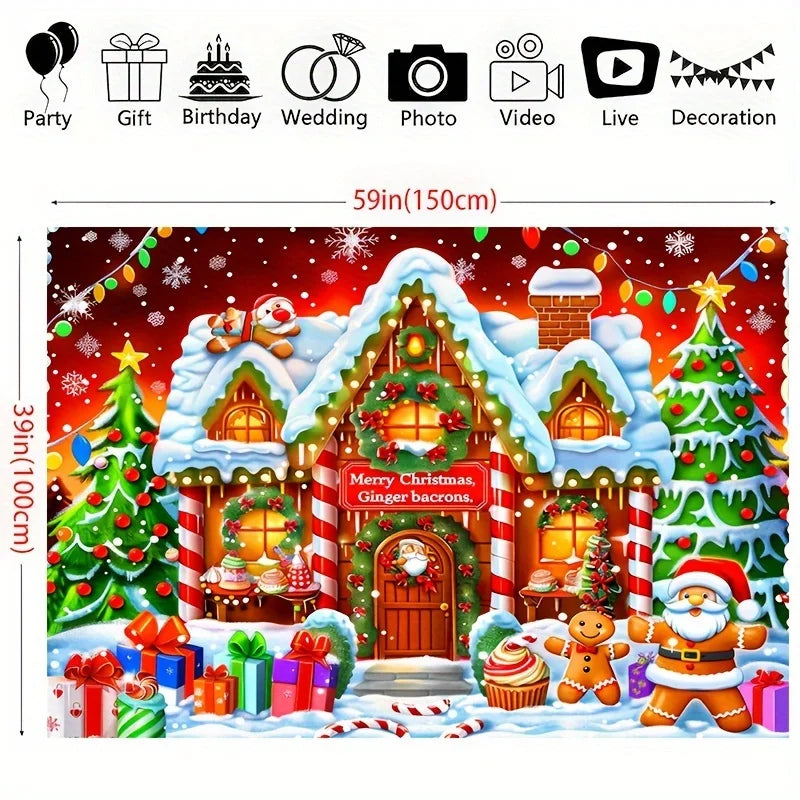 Enchanting Christmas Background Cloth with Cookie Statues & Tree