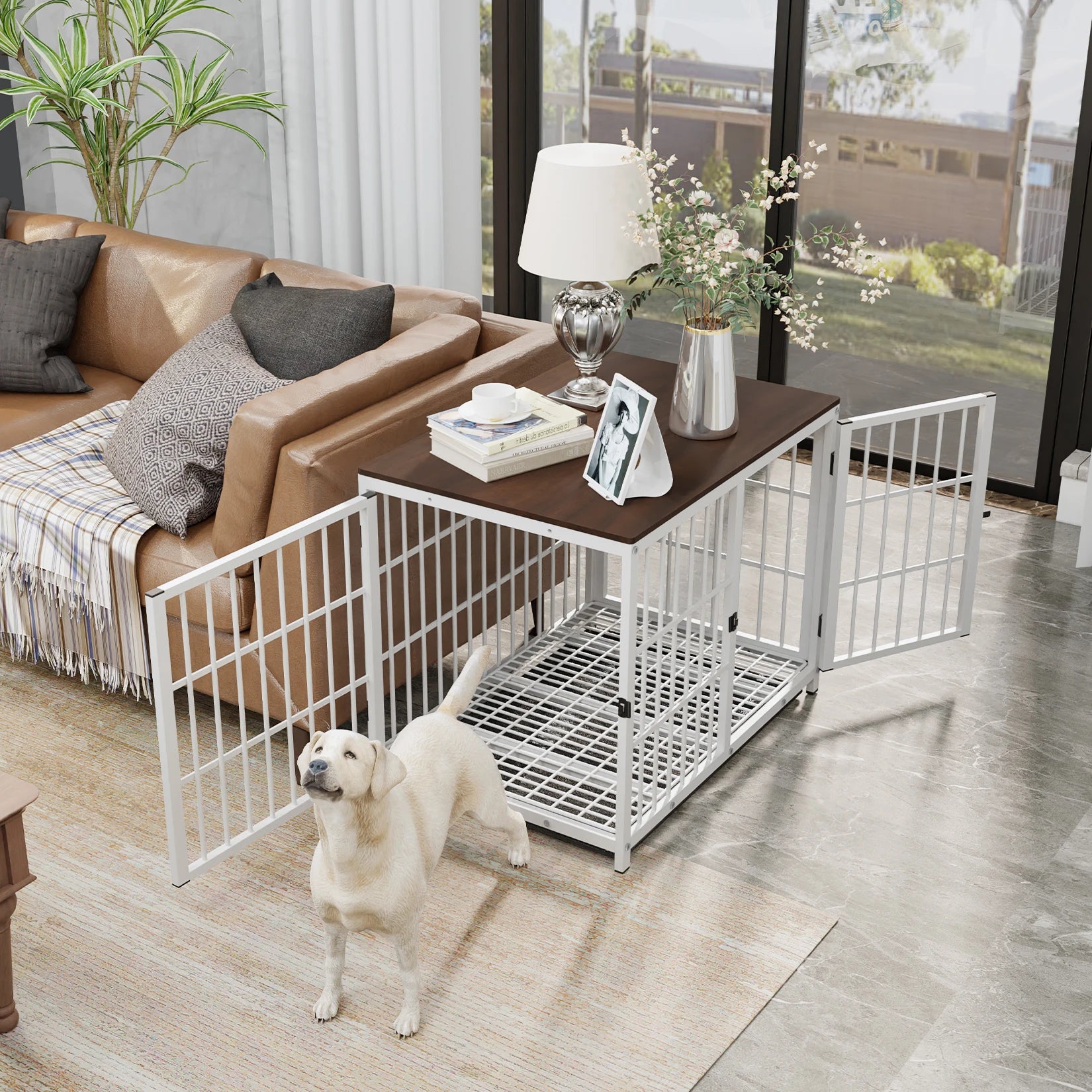 Elevated Wooden Dog Crate & End Table with Removable Tray - Stylish Kennel