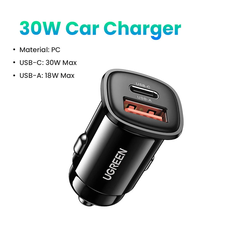 UGREEN 30W Fast Car Charger - Dual Port PD & QC for Quick Charging