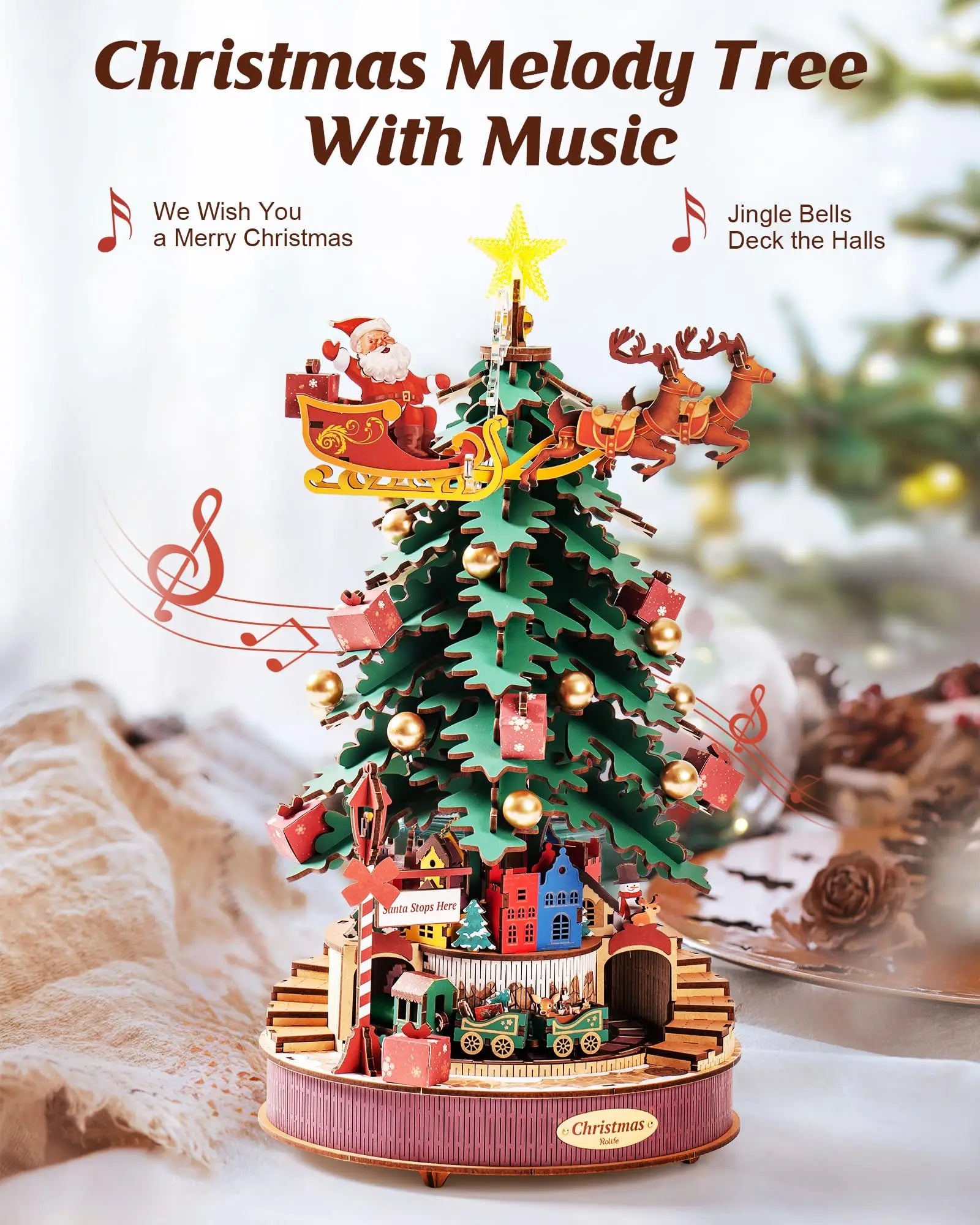 Robotime Christmas Melody Tree Music Box 3D Wooden Puzzle with Light