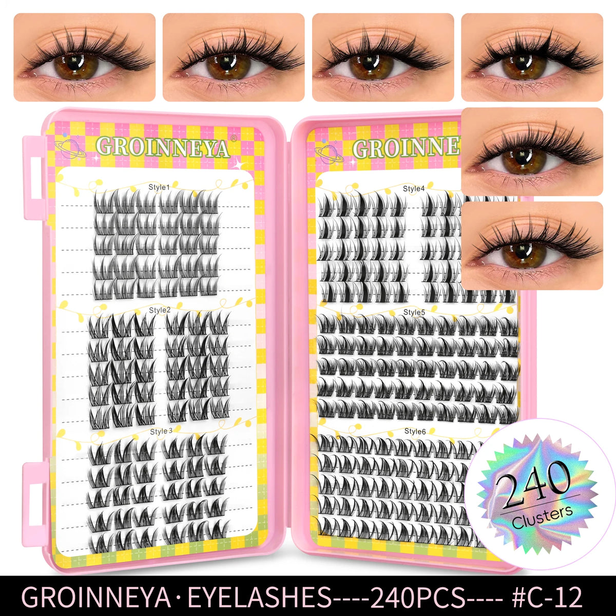 GROINNEYA Natural Cluster Lashes - 320 Pcs Volume Mixed Tray