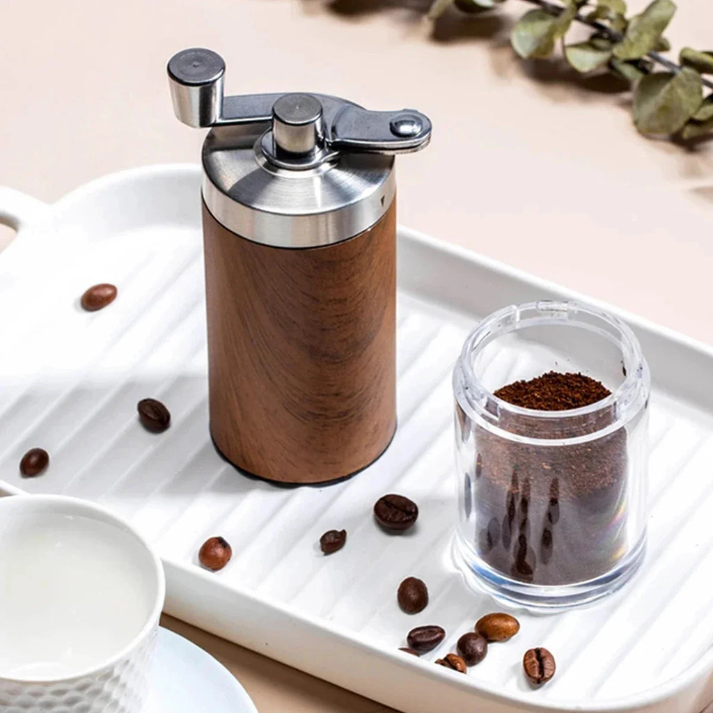 Portable Stainless Steel Manual Coffee Grinder with Wood Grain Design
