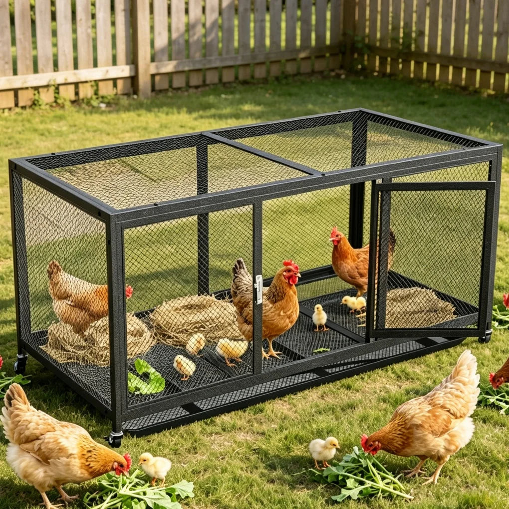 Heavy Duty Metal Chicken Coop with Waterproof Cover & Rolling Wheels