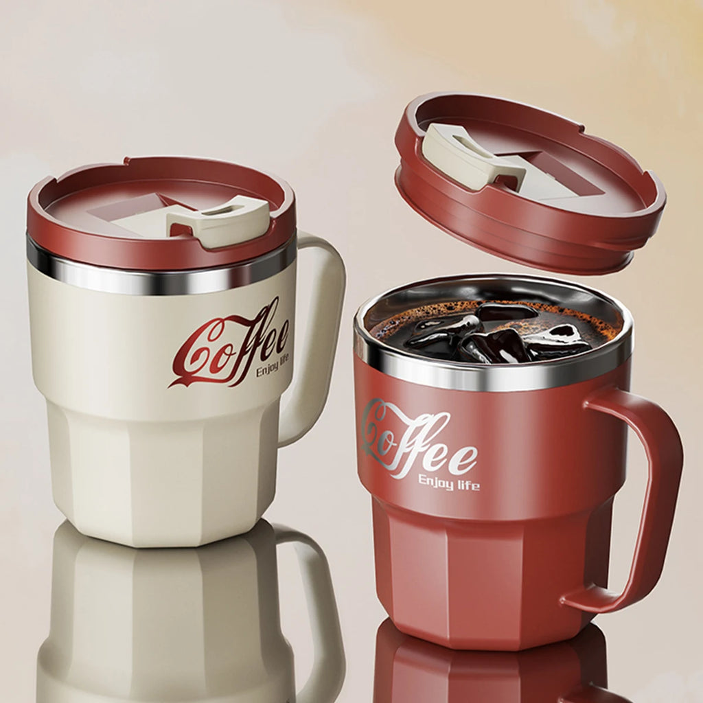 Double Wall Insulated Coffee Mug with Lid & Handle- 400ML/480ML