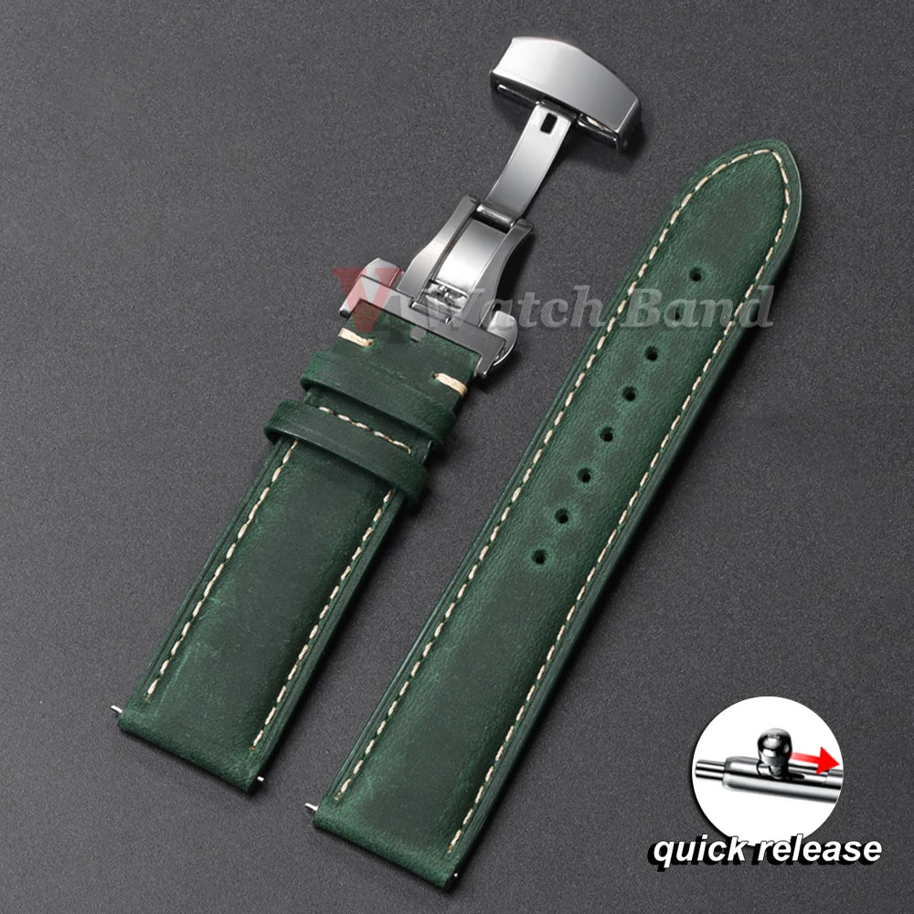 Genuine Leather Watch Band with Butterfly Buckle - 18/20/22mm Options