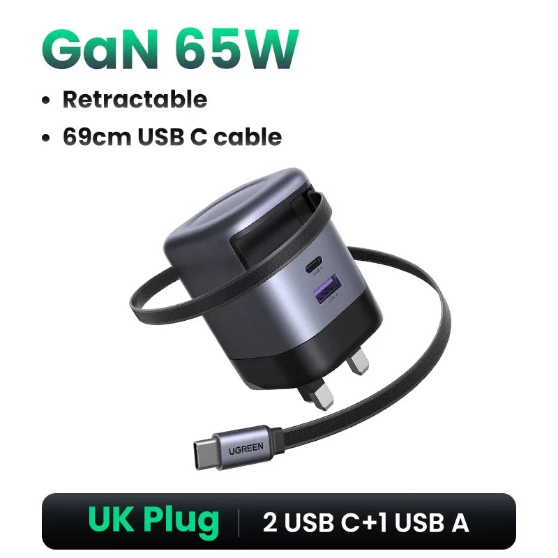 UGREEN 100W GaN Fast Charger with Retractable Cable for All Devices