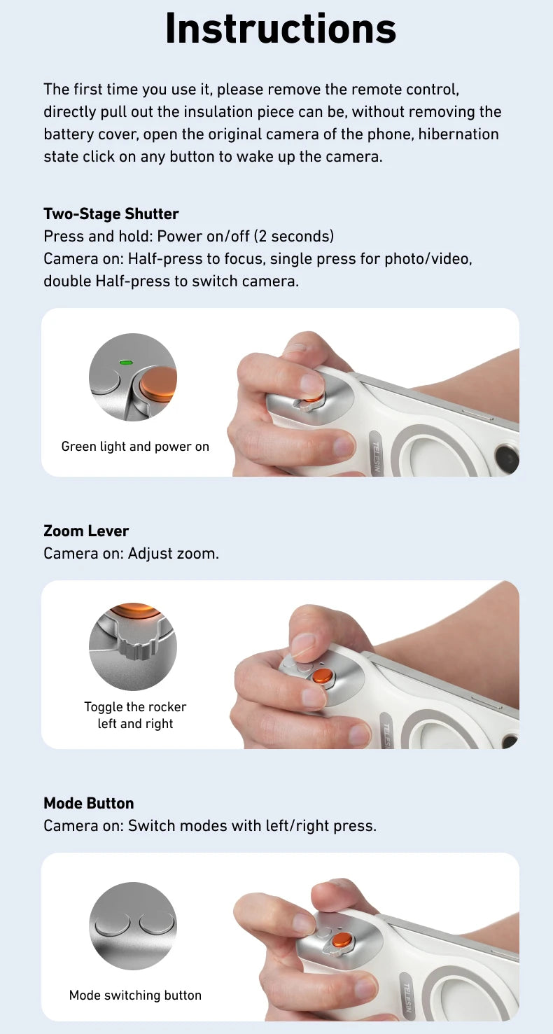 TELESIN Magnetic Phone Grip & Remote Control for iPhone/Huawei/Samsung